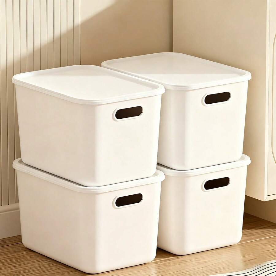 4-Piece Set Of Plastic Storage Bins With Lids, White Stackable Storage Baskets, Suitable For Shelves, Cabinets, Desks, Pantry, Bedroom, Books, And Toys - trắng - Xem 1