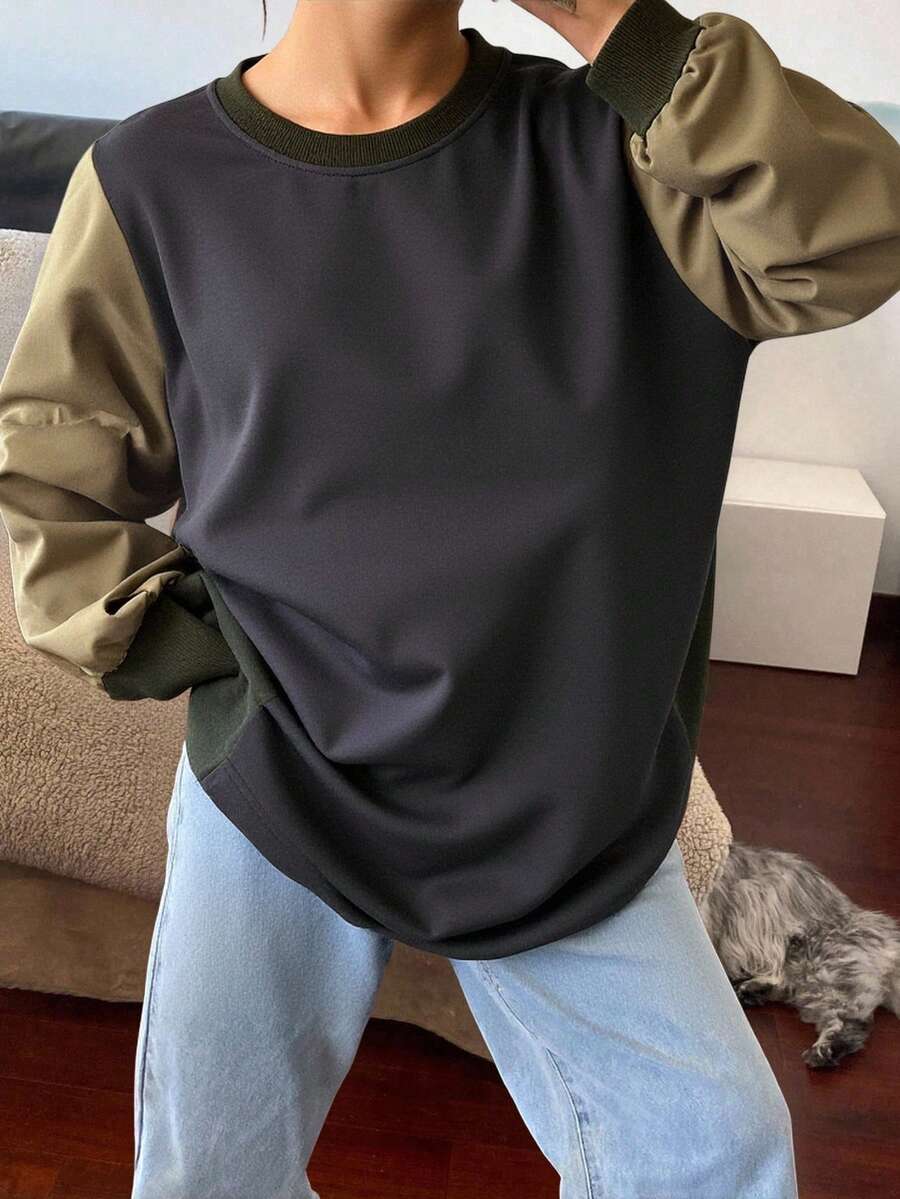 Livesso 女士撞色圆领落肩长袖口袋装饰宽松休闲百搭T恤，秋冬款 - 灰色 - 查看 1