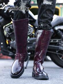 男士冬季新款时尚搭扣装饰纯色休闲靴，格子皮机车靴 - 酒紅色 - 查看 7