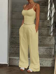 女士简约纯色吊带背心和抽绳腰带运动裤套装 夏季 - 黃色 - 查看 7