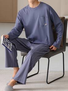 【AICJ睡衣】男士休闲宽松睡衣两件套，圆领长袖上衣，侧条纹长裤，针织面料，适合派对、居家、旅行、春季、秋季、冬季穿着。 - 藏蓝色 - 查看 6