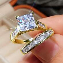 2Pcs Delicate Women's Fashion 925 Silver Plated Zirconia Wedding Ring Set Wedding Band Anniversary Gift Party Valentine's Day Engagement Women Jewelry Size 4-11# - 金色 - 查看 4