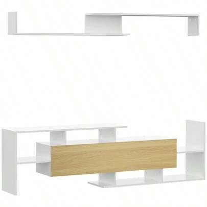 Modern TV Cabinet With Wall Shelf, TV Unit With Storage Shelf And Cabinet, For Wall-Mounted 65" TVs Or Standing 40" TVs, Futuristic Design, Durable Particle Board, Two-Tone Wood-Effect Door Panel, Flip-Down Door, Side Shelves