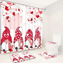 1pc/4pcs Romantic Valentine's Day Themed Shower Curtain Set, Includes Gnome, Heart, "Happy Valentine's Day", Plaid Background, "LOVE" Text Design Shower Curtain, Bath Mat, Toilet Seat Cover, 12 Hooks, Machine Washable, Artistic Design, Suitable For All Seasons, Valentine's Day Shower Curtain, Bathroom Decor - Multicolor - View 7