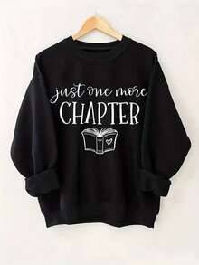 2025[Bright Pink Book Lover Sweatshirt] Soft Stretch Polyester Bright Pink "Just ONE MORE CHAPTER" Book Lover Graphic Crew Neck Sweatshirt| Casual Regular Length Pullover For Women, Autumn/Winter Casual Attire, Cozy Autumn Apparel, Playful Print, Durable FabricSoft And Breathable - 黑色 - 查看 12