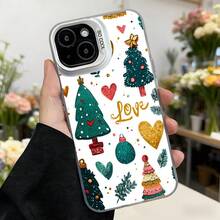 Cubierta de teléfono con diseño navideño blanco con árboles de navidad corazones bolas y texto Love para temporada festiva Aplicable a los teléfonos de la serie Apple y Galaxy - Negro - Ver 3