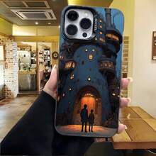 Cubierta de telefono con diseño de castillo mágico azul oscuro con pareja frente a puerta iluminada para uso diario en cafeterías y salas de estar - Negro - Ver 4
