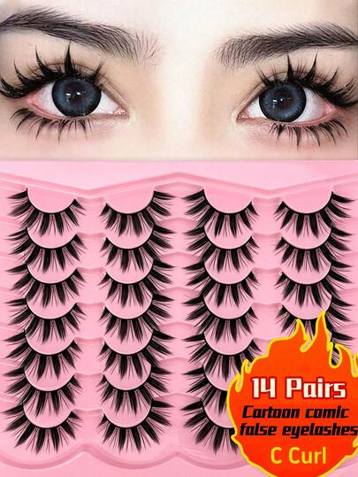 14 Pairs Manga Lashes Eyes Lashes Soft Natural Long Eyelashes Fake Lashes,Anime Wispy Strip False Eyelashes,For Used Daily Makeup Extension Cosplay,Party Reusable Strip Lashes,Lashes,Eyelashes,Fake Lashes