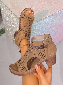 2026春夏新款女士露趾高跟凉鞋，镂空设计，单扣，侧边镂空，轻便舒适，适合日常、户外、办公、上学等场合穿着，时尚百搭，棕色高跟凉鞋，厚底高跟鞋 - 棕色 - 查看 7