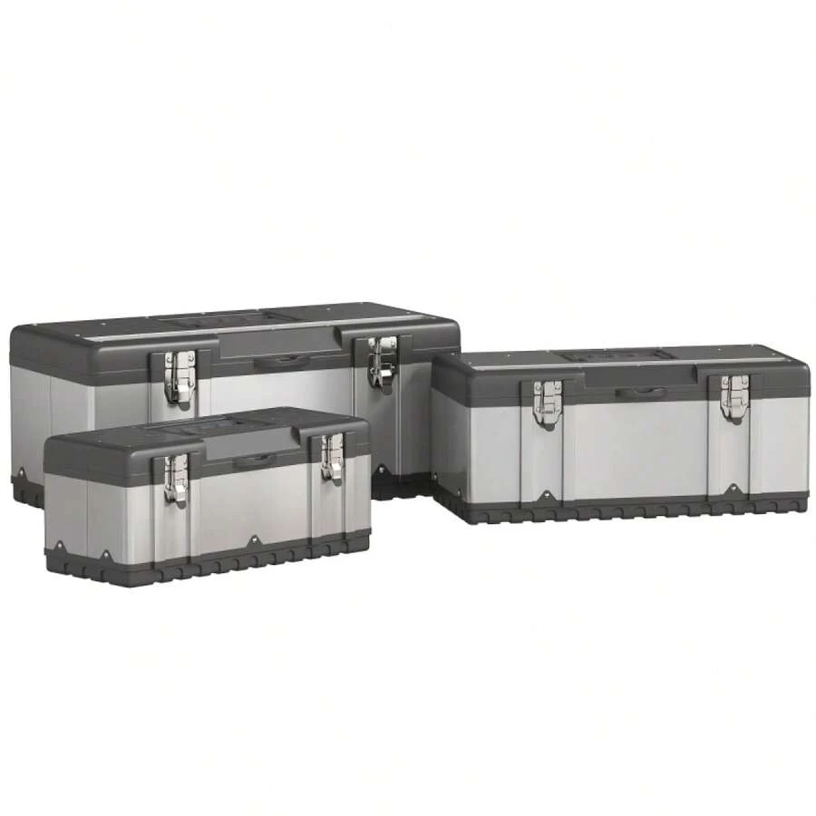 HOMCOM Tool Box, 3-Piece Set, Empty Tool Box With Tray, Handles, Locks, Stainless Steel Tool Box, Black+Silver - 1 - View 1