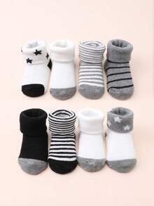 8 đôi tất cho bé, tất dài đến bắp chân, màu trơn và sọc, thích hợp để mặc hàng ngày - Nhiều màu - Xem 6