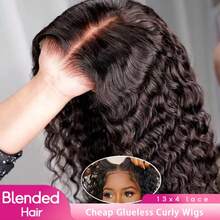 Peluca de encaje frontal con densidad del 200% de cabello humano mezclado, 13x4 HD, peluca de encaje frontal - Peluca rizada sin pegamento, peluca rizada profunda de ola de agua, peluca de encaje frontal de cabello virgen brasileño - Natural y Negro - Ver 19