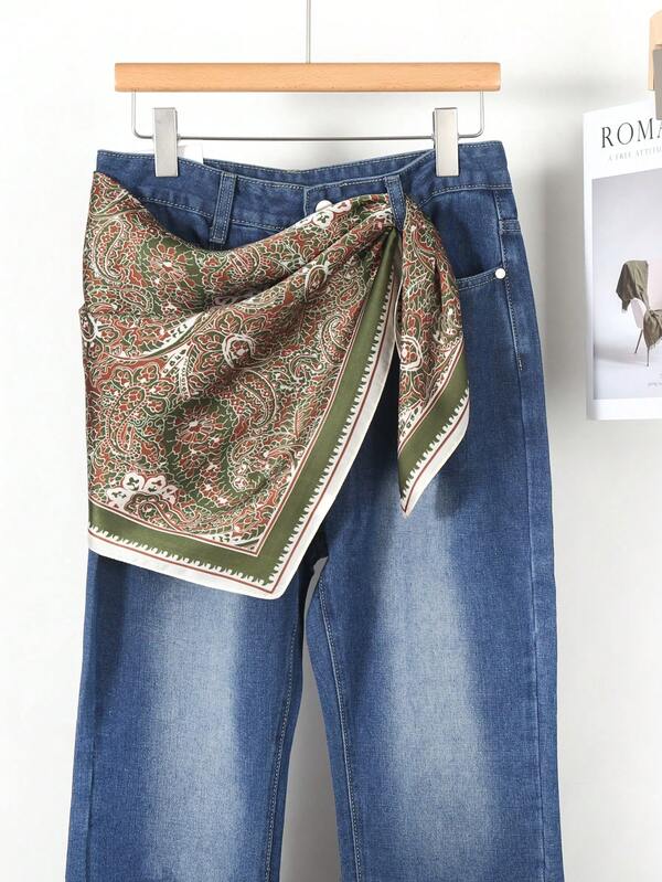 1条女士绿色复古佩斯利花纹轻薄方巾，夏季旅行头巾