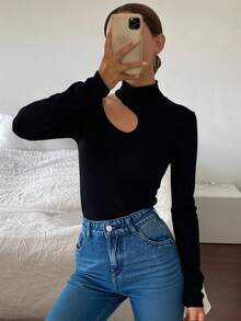Livesso Cut Out Asymmetrical Neck Tee Going Out Tops,Fall Clothes Long Sleeve Women Tops Turtleneck Women - Black - View 5