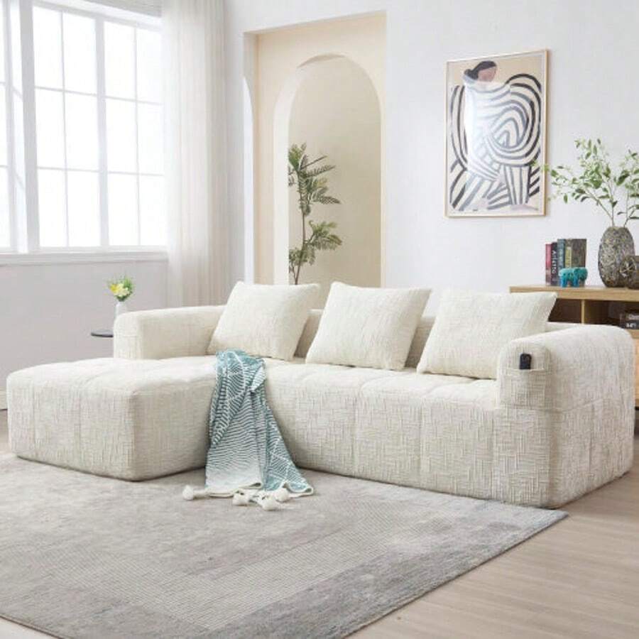 Modern Sectionalsofa, L-Sofa, 3-Sitzer-Sofa, keine Installation erforderlich, Chenille-Sofa mit Chaiselongue und Armlehnen, 3 Kissen, Seitentasche für Fernbedienung, Bege - Bege - Ver 1