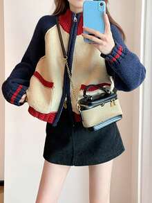 Alicedudu Áo len cardigan cổ đứng phối màu phong cách đại học cổ điển dành cho nữ, Thu/Đông - Nhiều màu - Xem 4