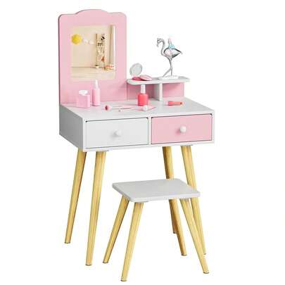 Zestaw toaletkowy dla dzieci, drewniana toaletka dziecięca z wyjmowanym lustrem i 2 szufladami, biurko ze stołkiem, toaletka dla księżniczek w wieku od 3 lat, 60x40x108 cm, biały + różowy