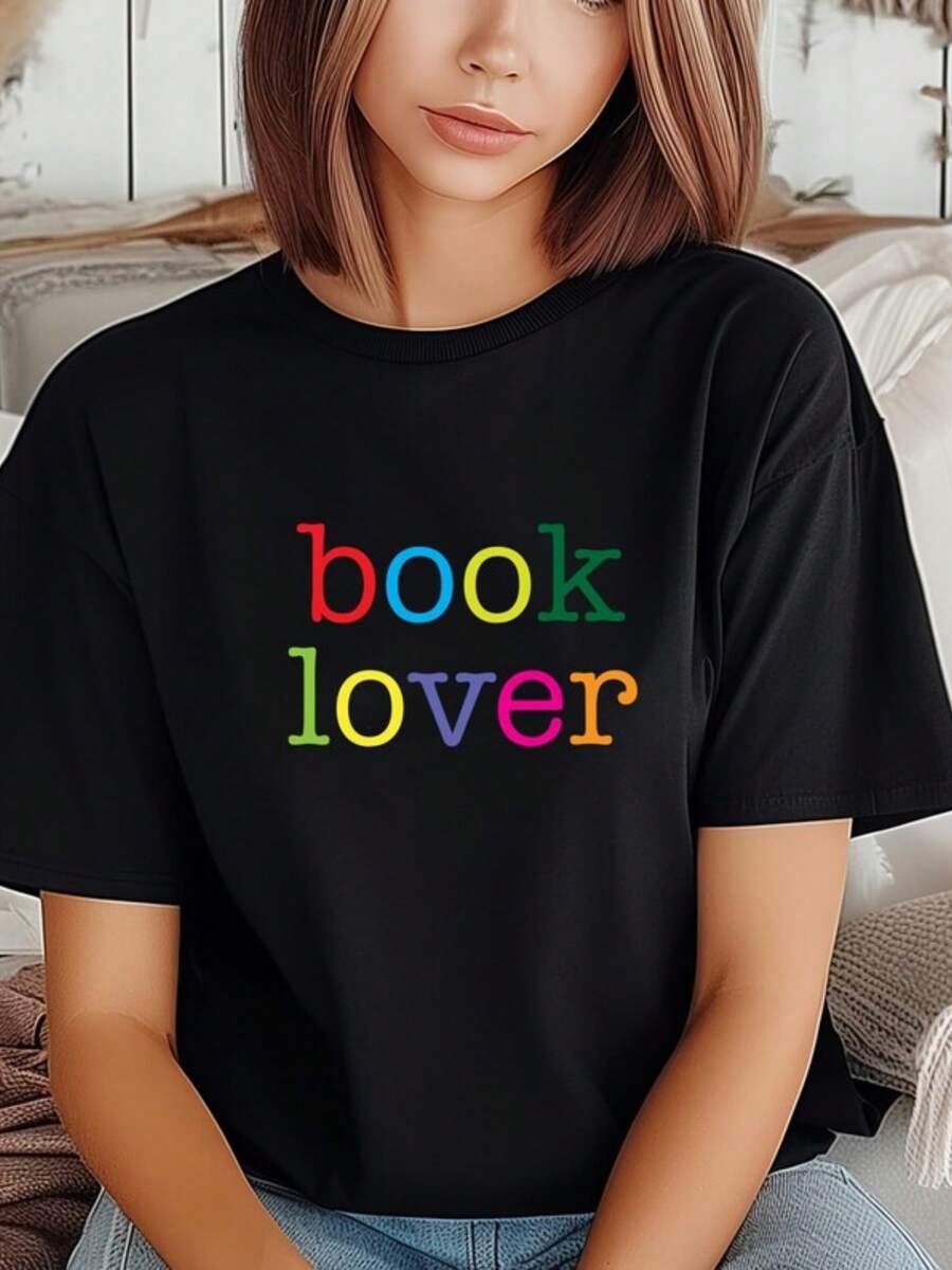 Black T-Shirt  With Popular Colors, Animal Patterns, Geometric Patterns, Tie Dye Patterns, Floral Patterns, Millennial Spicy Girl Style, Y2K Style, Basic Patterns, Floral Patterns, Loose,Fall Outfit For Women, Christmas Outfit Women,Tops,Fall Clothes For Women,Vestidos Elegantes De Mujer,Winter Clothes For Women,Niche Vitality, Book Lover T-Shirt_ Cozy Unisex Tee For Literary Enthusiasts - 黑色 - 查看 1