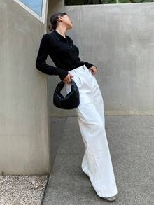 Livesso Blusa de punto acanalado con botones, ropa de otoño para mujer de manga larga - Negro - Ver 3