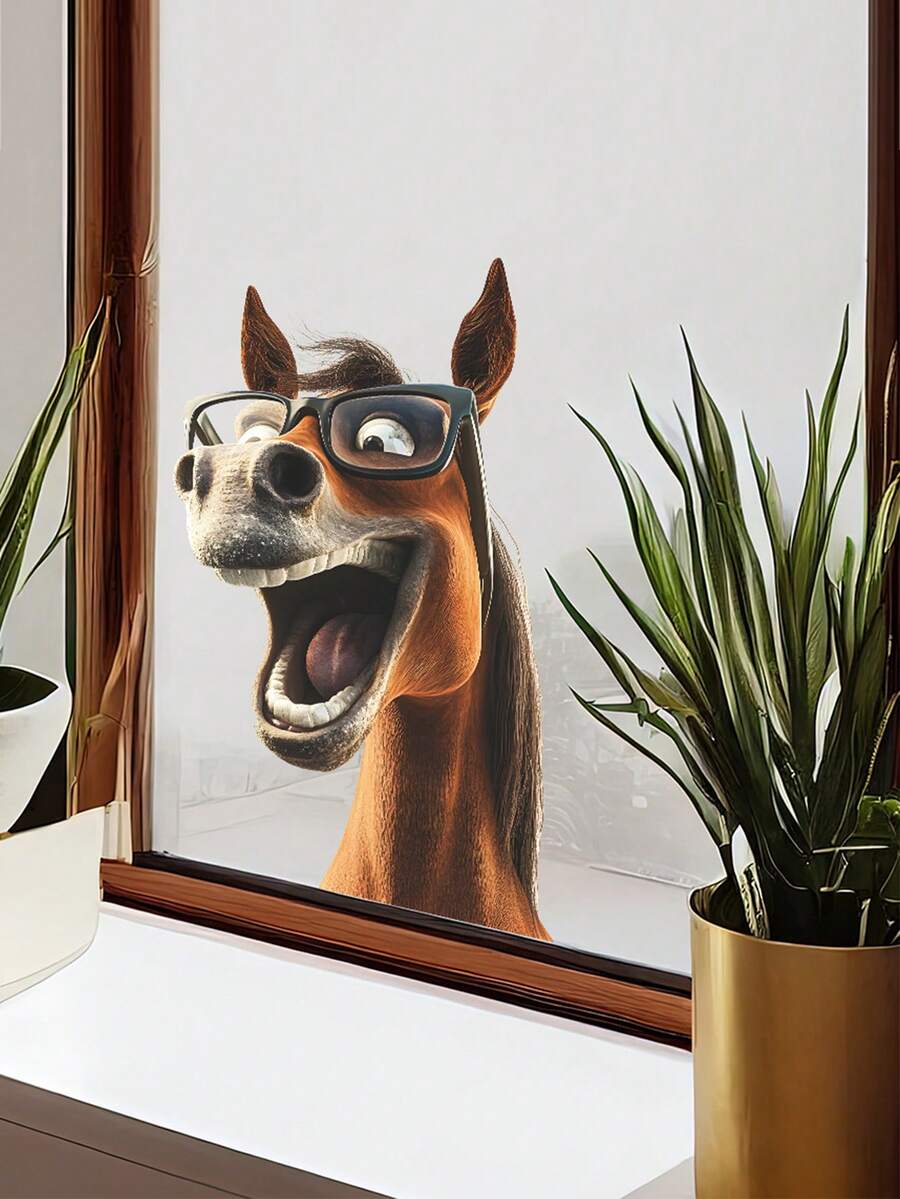 1张创意个性窗贴，PVC自粘塑料动物贴纸，彩绘奶牛和马头图案，不规则形状，适用于玻璃门窗装饰，可用于家居背景墙和美化，家居墙面装饰 - 彩色 - 查看 1