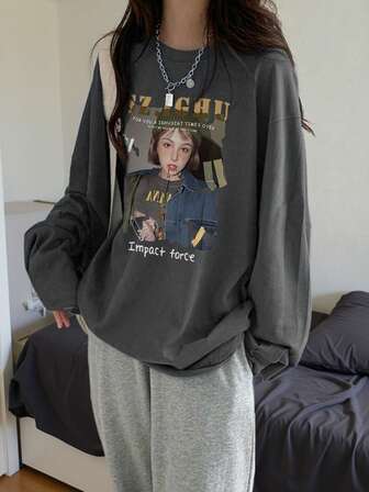 女士休闲圆领棉质长袖印花T恤，秋冬百搭时尚上衣