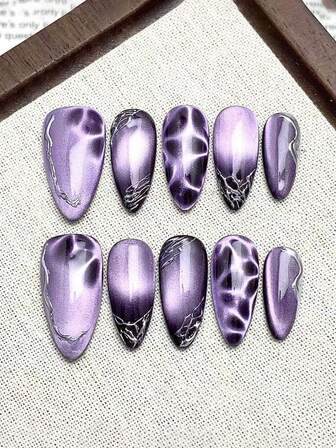 10pcs Handmade Purple Almond Shaped Nail Stickers With Gold Trim, 3D Flower & Shell Design, Wearable Nail Art, Autumn/Winter New, Removable, Suitable As Gift For Women