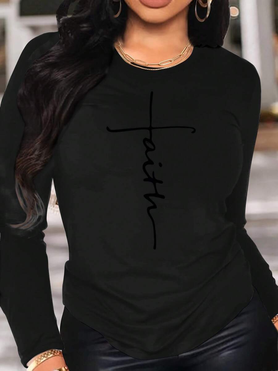 1pcs Women's Elegant Faith Shirt - Long Sleeve Christian Top With "Faith" Words, Dark Background Religious Clothing, Suitable For Church, Casual Wear - Machine Washable Polyester Fiber Spiritual Outfit, Faith Theme Clothing, Fashionable Writing Design, Exquisite Sewing, Modest Style 180g 100% Cotton Unisex Autumn T-Shirt Drop Shoulder Outdoor Comfort Wear - 黑色 - 查看 1
