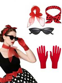 This 5-Piece Set, Suitable For Women In Their 20s, 40s, 50s, And 70s, Includes A 1950s Retro Solid Color Scarf, Cat-Eye Glasses, A Polka Dot Headband, And Gloves. It's Perfect For 1950s-Themed Solid Color Parties, Halloween Cosplay, Costume Parties, Everyday Wear, Themed Parties, And Valentine's Day Women's Party Accessories.
