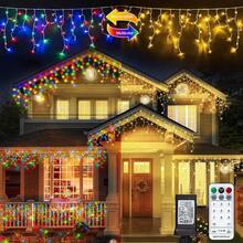 DAHAN Luces de Carámbano para Exteriores, 2 en1 Luces Navideñas Puede Cambiar de Color, Icicles Cascada de Impermeable para decoración de Navidad, Aleros(Blanco Cálido&Multicolor, 13M 700LED) - Blanco Cálido&Blanco Frío - Ver 1