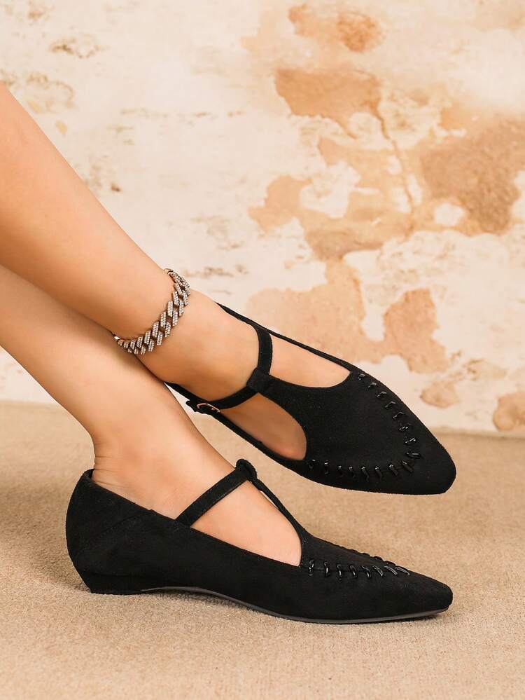 女士低跟T字带平底鞋，优雅经典尖头浅口鞋（春秋季款），系带玛丽珍平底鞋，简约复古黑色一脚蹬舒适乐福鞋，百搭搭扣休闲平底鞋 - 黑色 - 查看 3