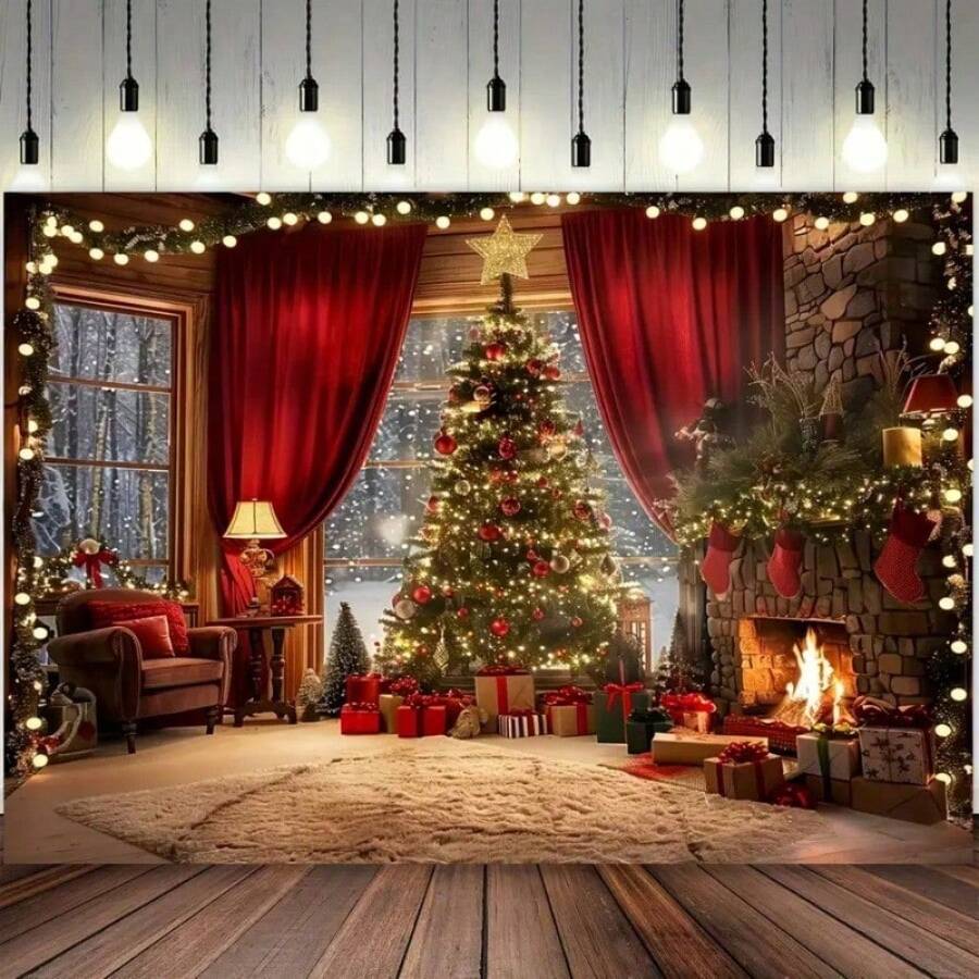 1pc Christmas Tree & Fireplace Scene Background, Suitable For Holiday Photos & Decor, Universal Polyester Banner, Versatile Use, Suitable For Various Occasions, No Power Required - Multicolor - View 1