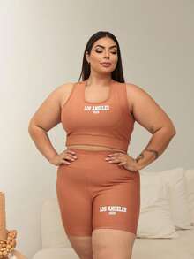 Women's Plus Size Printed Gym Set - Los Angeles NY - Màu nâu  Mocha - Xem 1