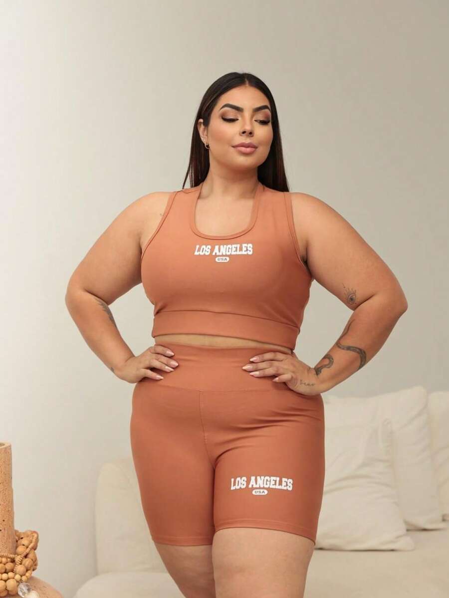 Women's Plus Size Printed Gym Set - Los Angeles NY - Màu nâu  Mocha - Xem 1
