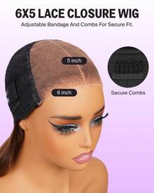 MEGALOOK 20英寸金色渐变挑染棕色发根自然波浪假发，100%真人发 - 预剪裁6x5蕾丝无胶假发，带抽绳帽，无需胶水即可佩戴，透明蕾丝假发，预先拔毛的自然发际线，挑染发色假发 - 彩色 - 查看 7