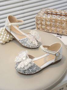 Girls' Party Dress Shoes With Shiny Multi-Layer Bow And Safety Pearl Strap, Creating An Elegant Look - Silver - View 3