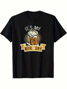 Camiseta unisex con estampado de jarra de cerveza para el 50o cumpleaños - Camiseta casual de algodón 100% transpirable de ajuste regular para hombres y mujeres, lavable a máquina, top gráfico negro para fiestas y ocasiones especiales, camiseta de cerveza, ropa de fiesta, diseño festivo, algodón cómodo, ropa festiva, material suave, camiseta estampada, ropa para adultos - Negro - Ver 1