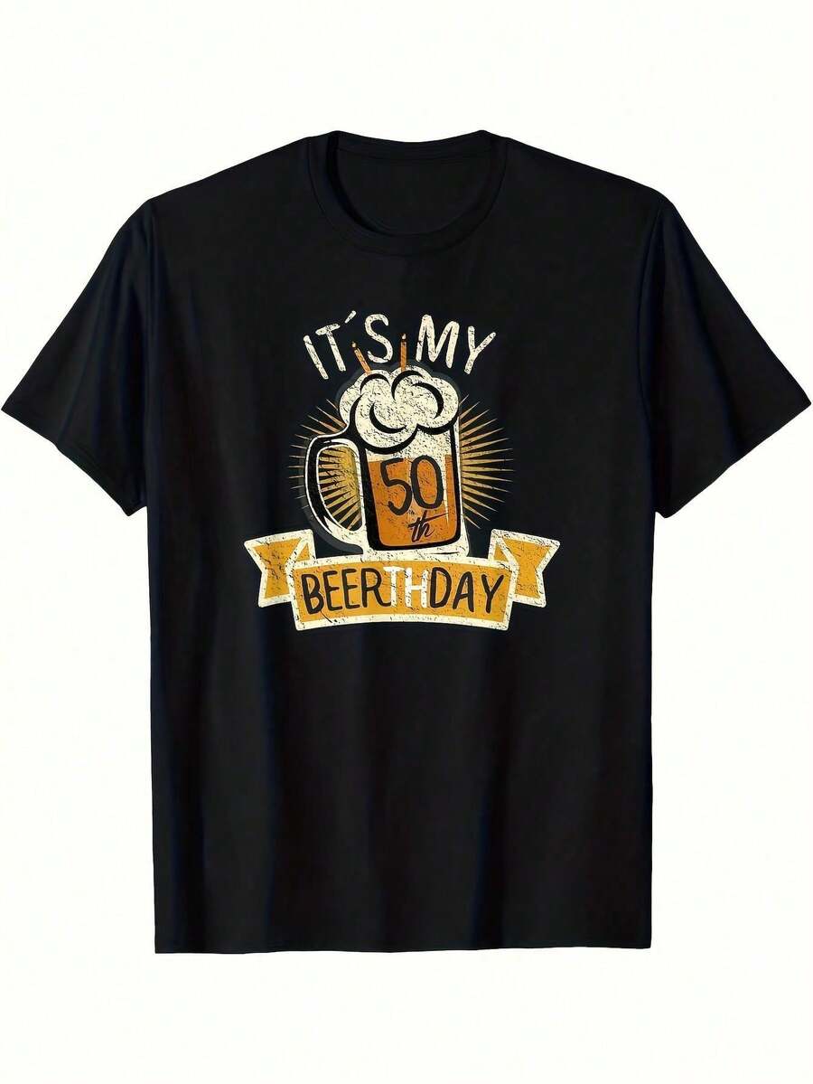 Camiseta unisex con estampado de jarra de cerveza para el 50o cumpleaños - Camiseta casual de algodón 100% transpirable de ajuste regular para hombres y mujeres, lavable a máquina, top gráfico negro para fiestas y ocasiones especiales, camiseta de cerveza, ropa de fiesta, diseño festivo, algodón cómodo, ropa festiva, material suave, camiseta estampada, ropa para adultos - Negro - Ver 1