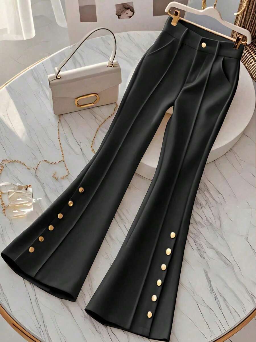 Women's Summer Solid Color Versatile Daily Commute Slimming High Waist Flare Pants With Button And Zipper Decoration Black Spring