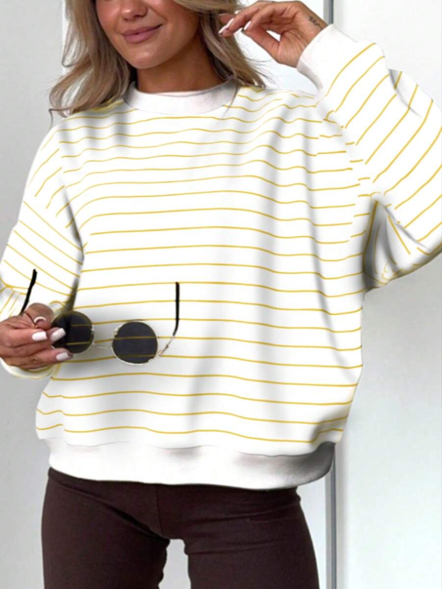 女士休闲黑白条纹长袖卫衣，舒适简约风格，秋季款 - 黃色 - 查看 1
