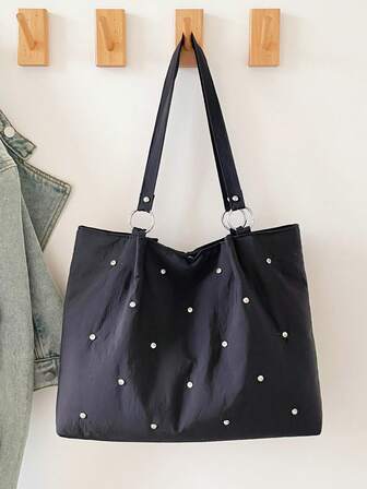 Bolso de mano de mujer con decoración de strass, bolso de hombro minimalista y ligero de gran capacidad, adecuado para estudiantes universitarias, universidad, escuela, viajes, compras, otoño/invierno, estilo japonés