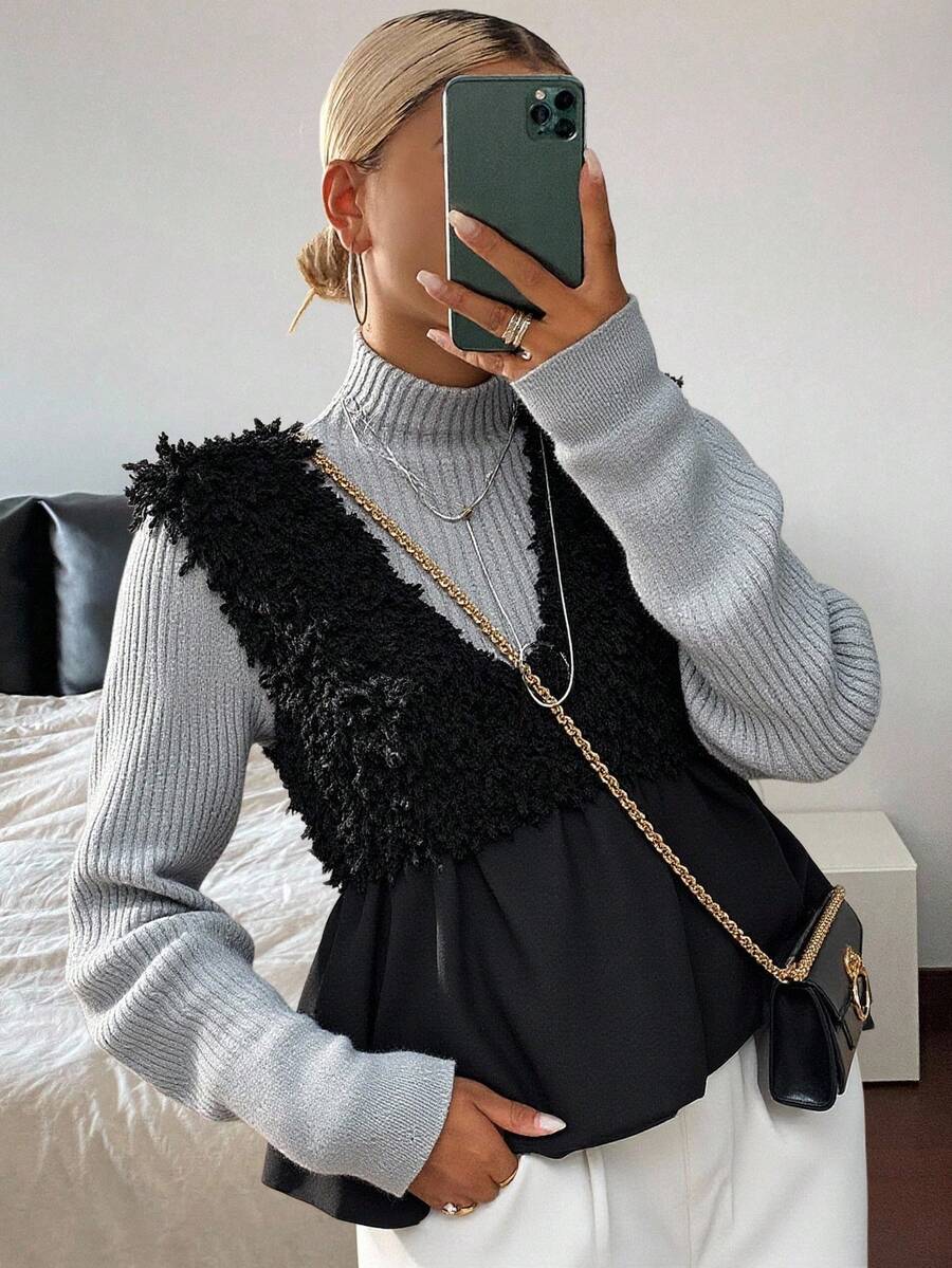 Livesso 女士黑色无袖拼接绒面褶皱设计宽松休闲百搭叠穿背心，秋季款