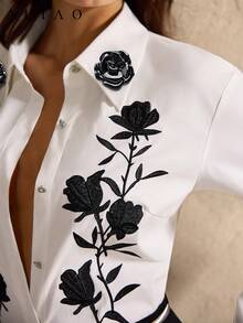Aliao 优雅 3D 立体花卉刺绣长袖衬衫，宫廷风，情人节，纯色，全白，白色派对，婚礼季，复古奢华，返校季，女士音乐会服装，婚礼宾客，波西米亚风 - 白色 - 查看 2