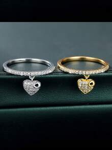 1pc Gold Heart Ring, Gold-Plated Heart Pendant Ring, Anniversary Memorial Gift Suitable For Men And Women, Elegant Everyday Wear, Wonderful Gift For Halloween, Christmas, Teacher's Day, Holidays, Birthday - Multicolor - View 1