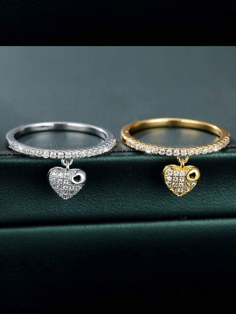 1pc Gold Heart Ring, Gold-Plated Heart Pendant Ring, Anniversary Memorial Gift Suitable For Men And Women, Elegant Everyday Wear, Wonderful Gift For Halloween, Christmas, Teacher's Day, Holidays, Birthday - Multicolor - View 1