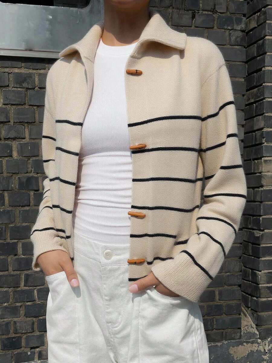 DAZY Contrast Color Striped High Neck Long Sleeve Loose Cardigan With Horn Buttons For Women,Fall Women Clothes - Apricot - View 1