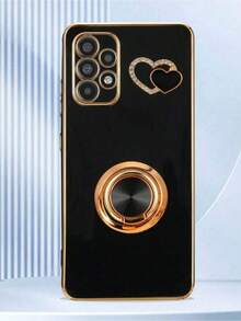 1pc Black Shockproof Phone Case, 1pc Black 6D Rotating Holder, 1pc Black Rhinestone Heart-Shaped Phone Case, Suitable Compatible With Apple Phones / Matching Phone Cases / Phone Cases With Lanyard / Phone Cases With Wrist Strap / Fashion Phone Cases - Black - View 3