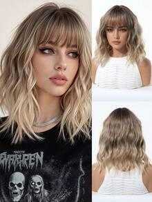 Tóc giả nữ chất lượng cao, tự nhiên và thoải mái, tóc giả kiểu bob bồng bềnh ombre 14 inch, tóc giả xoăn phủ kín đầu, tóc giả ombre thanh lịch chịu nhiệt, tóc giả ngắn xoăn tổng hợp chịu nhiệt, hoàn hảo cho sử dụng hàng ngày, kỳ nghỉ và du lịch. - Màu nâu ombre - Xem 2