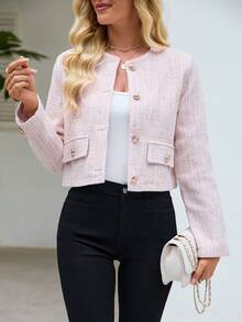 Women's Elegant Round Neck Long Sleeve Thick Wool Front Button Cardigan Jacket - Pink - View 5