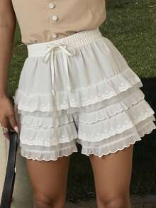 Livesso Women Lace Patchwork Short Elegant Shorts, White, All Season,Skorts Fall - White - View 4