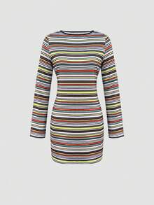 新款时尚优雅条纹休闲撞色滚边圆领长袖短款连衣裙，适合日常穿着、夜间外出、度假、派对、早午餐等场合。 - 彩色 - 查看 6